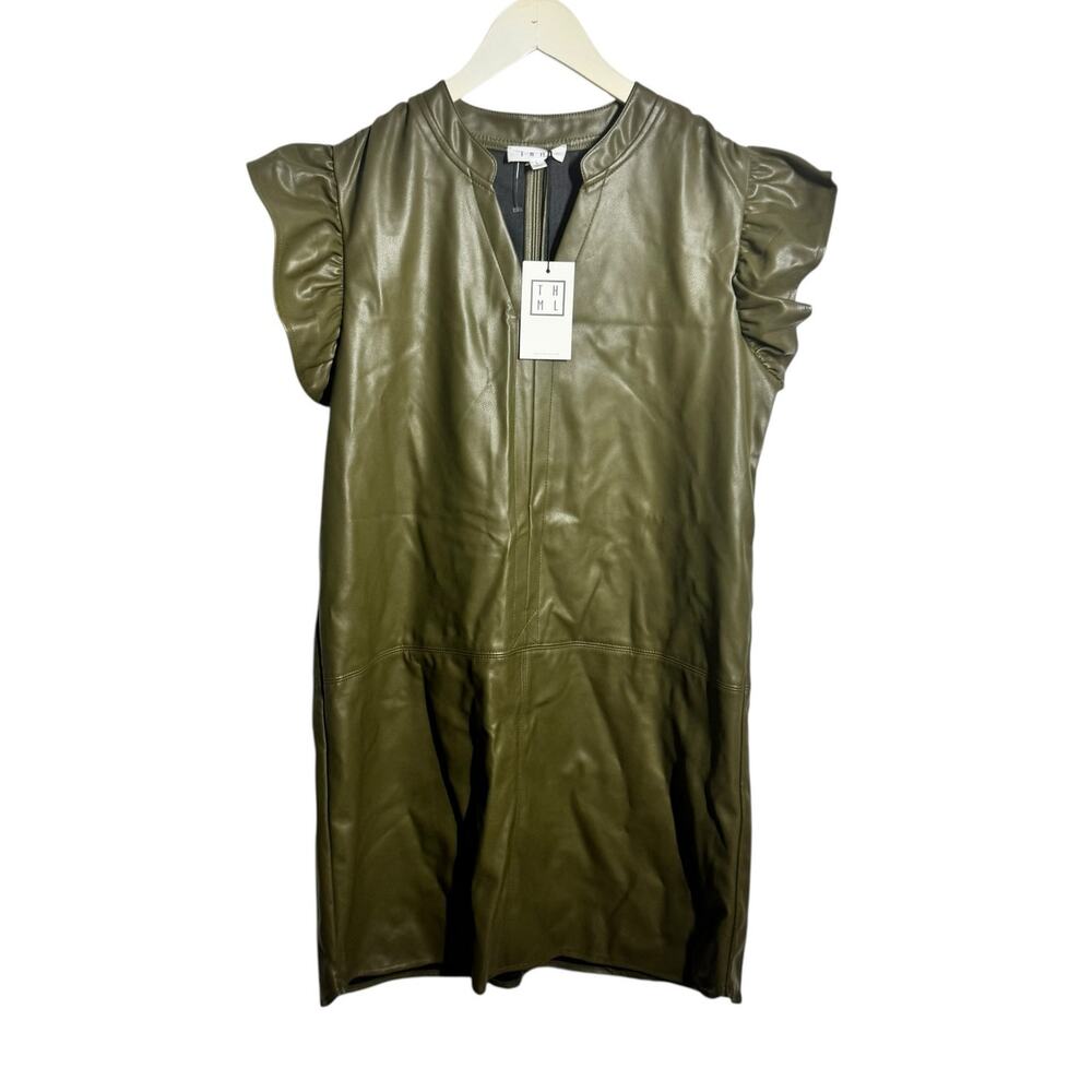 THML Kaia Dress Women L Olive Green NWT Faux Leather Ruffle Sleeve Sheath Fall